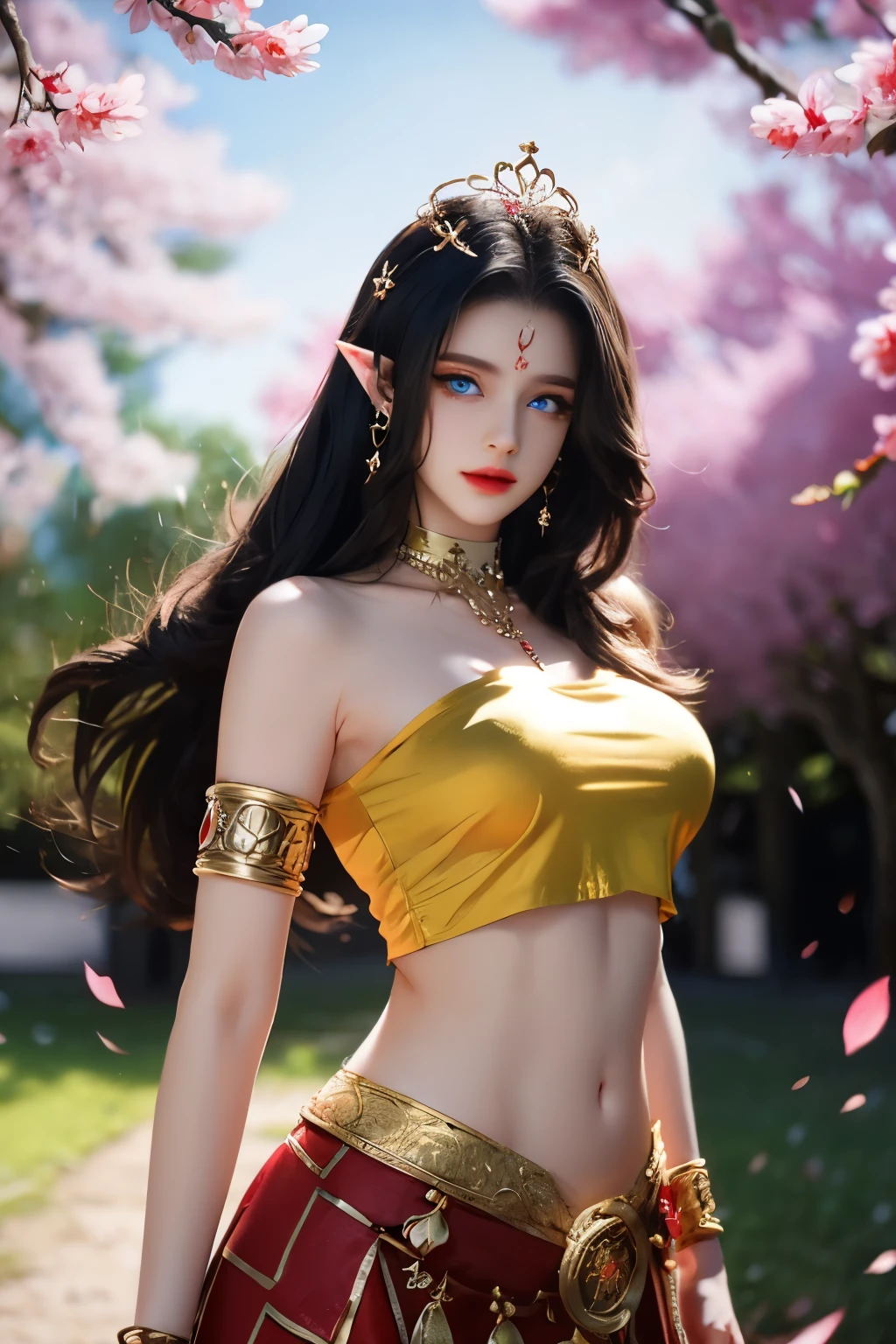 One 20 year old girl, breast 1.1, navel,upper body,bare shoulders,wears ornamental red tube top,red skirt, blue gems,shiny skin,hand in own hair,(mature female),milf, medusa, deep blue eyes, jet black long hair, 8k resolution high quality,background: around the garden surrounded by Sakura trees with fluttering sakura petals, from head to thighs, hourglass figure, bare round shoulders, exposed midriff, a tilak on her forehead,ornamental logo on her forehead, snake crown, necklace, earings with blue gem, long black hair bangs, pointy ears,golden bracelet,Bright lightening under the sun through sakura canopy. High quality 16k resolution,( HDR :1.5), cinematic look, ultra-detailed,ultra lightening, (photorealistic :1.2), long thin straight eyelashes, dense black eyelashes,sharp eyes, diamond shaped head, straight nose, closed heart shaped lips