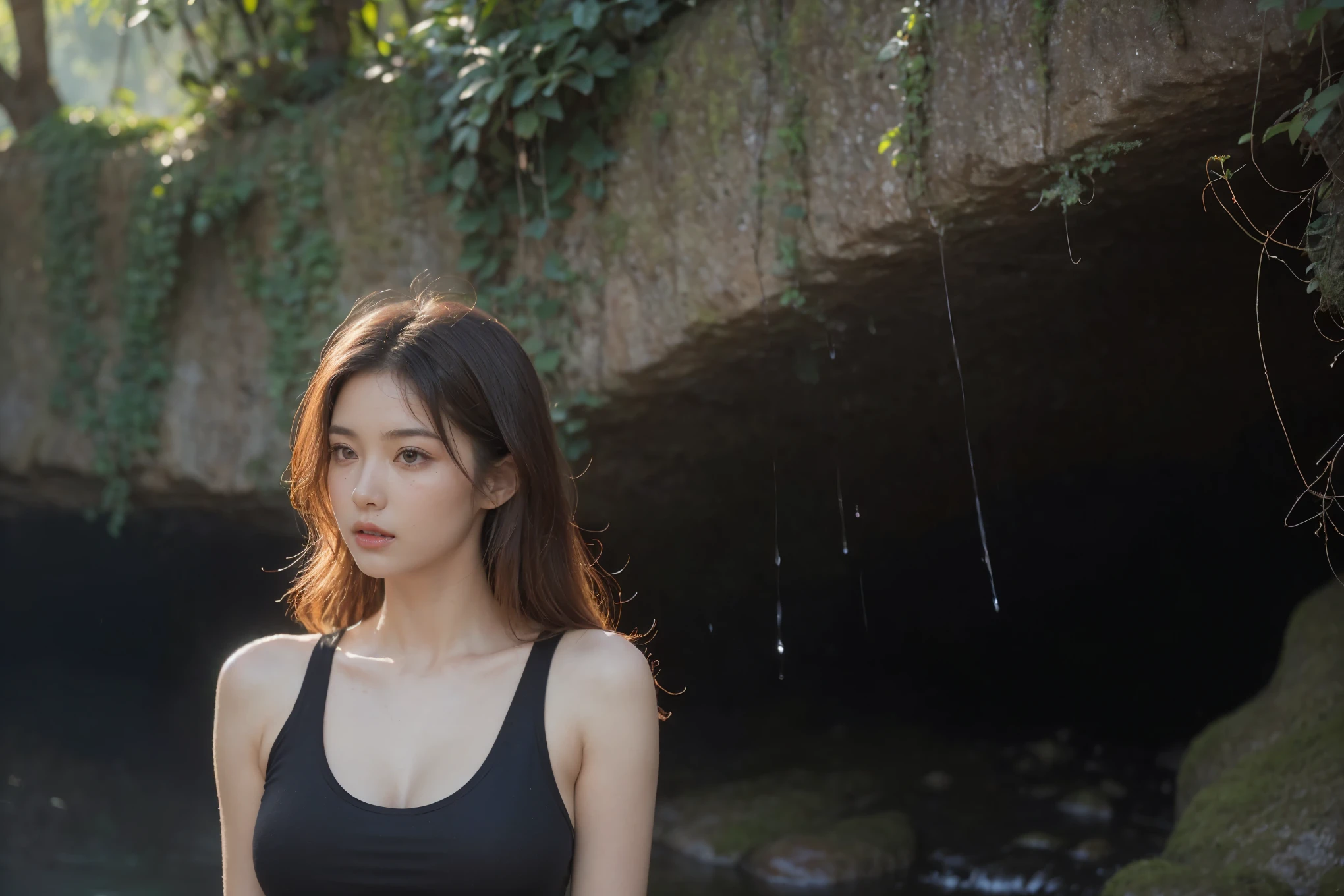 ( a age girl ), (Korean Girl), (, not looking at the camera), (be distracted), ((( regular size chest )), (eyes beautiful and detailed), (lips beautiful and detailed), (of very detailed eyes and faces.), (Realistic face), (long hair), (red caramel hair), (farrah hair), (black black black black black black black black black black black black black tank top with a deep neckline), (denim low-waisted shorts revealing the navel, very short legs revealing the hips), (Black long boots), ( Picture ), (, 18 years old), (sensual gestures), (sitting with turn her back), (inside a cave with waterfalls and water, stalactites, stalagmites, and moss.), (realistic light and shadow), (photos using a film camera), (Film color scheme), (Red Gradient, 4k, 8k, Very High Resolution, masterpiece: 1.2), (high resolution), (HDR), (UHD), (Red Gradient,4K,8k,Very High Resolution,Masterpiece:1.2), Ultra Fine, HDR, UHD,Studio, (before sunset) natural lightอ่อนโยน, evening moments before sunset, backlit, evening time, low light (natural light), (There is fog and steam), (nature light) ,