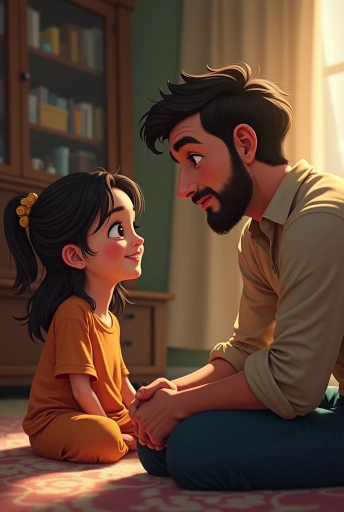 40 year old father teacher looking at his  daughter Latinos, looking at her with tenderness pixar style drawing 