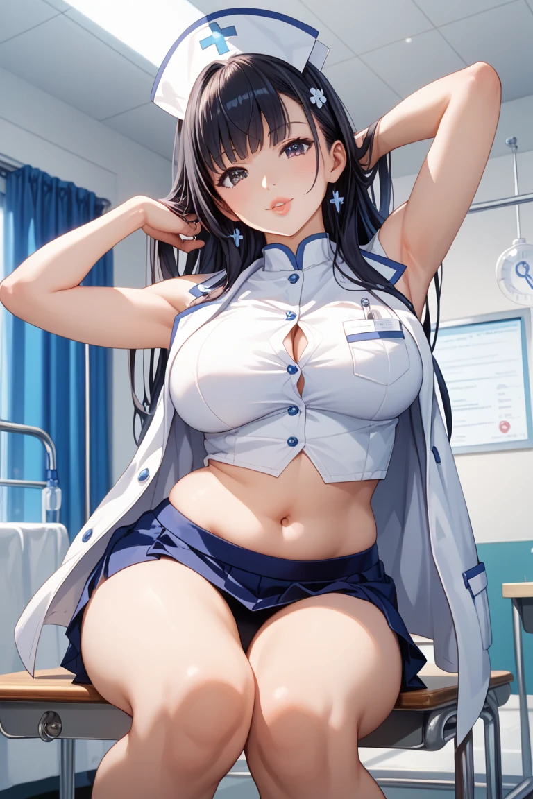 top-quality, Full limbs, complete fingers, 1 beautiful woman, beautiful detailed eyes, Gray eyes, super detailed skin, sweat, oil, Slender beauty, straight haired, blown hair, french braid, blunt bangs, head tilt, cleavage, hospitals, Hospital Room, on Patient bed, (light dark skin:1.4), nurse cap, gloves, thighhighs, cleavage, fishnets, fishnet thighhighs, white gloves, garter belt, skirt, underwear,white thighhighs, bra peak, (angel_half_suit), (nagatiti)
