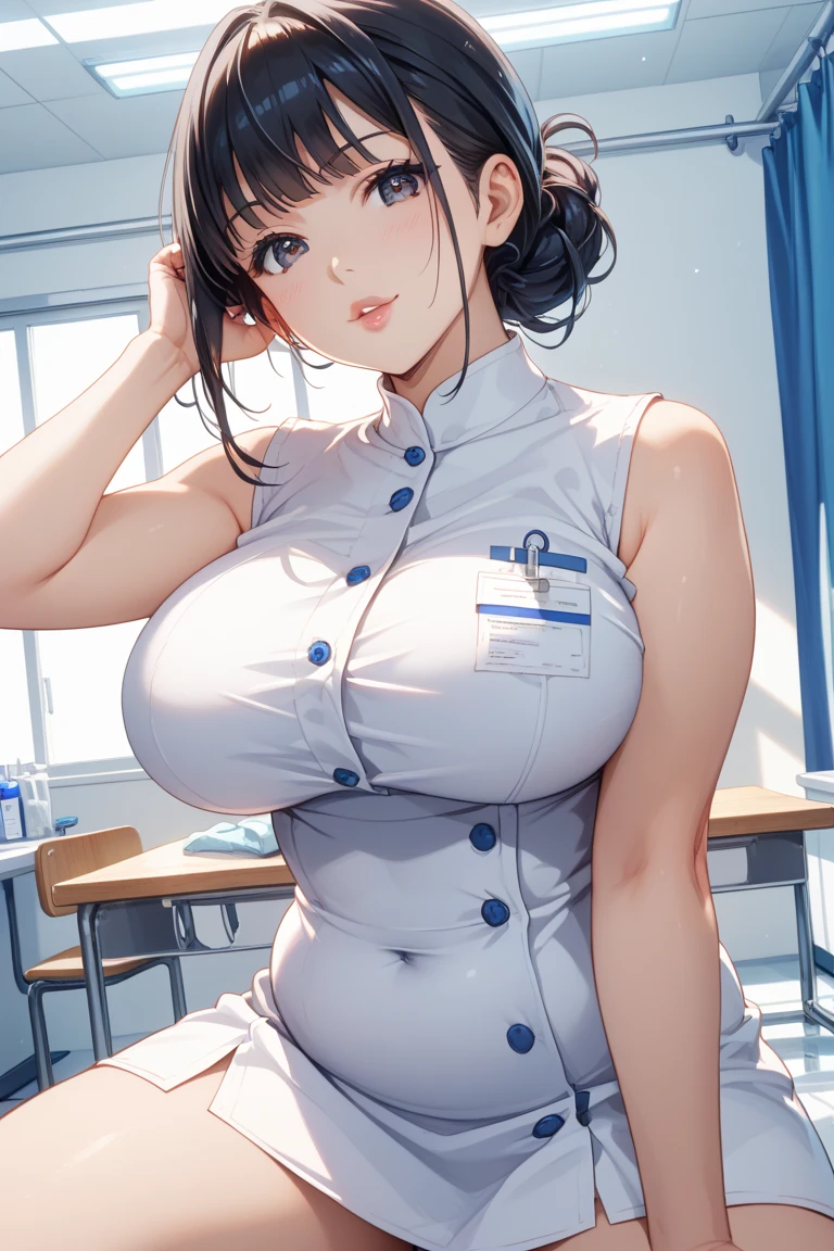 (1lady solo), sitting, (looking at viewers), (sleeveless white lab coat) stylish outfit, mature female, /(dark brown hair/) bangs, smiling, (masterpiece best quality:1.2) delicate illustration ultra-detailed, sagging gigantic huge breasts BREAK (hospital examination room) indoors, work desk, (x-ray photo), detailed background, ((showing hairy armpit hair)), zoom upper body, thick makeup