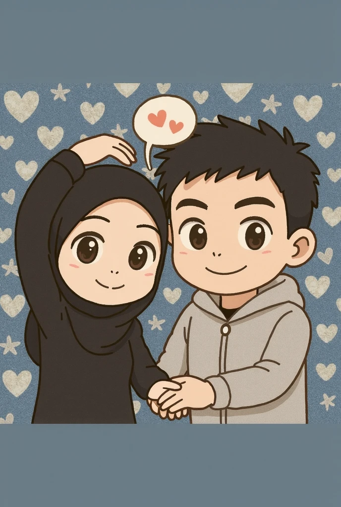 Drawing drawing of a tall teenage girl with grey hijab on kissing a little fat ??? on the lips, french kiss, as if they are in a cartoon, toon face, realistic ??????? 