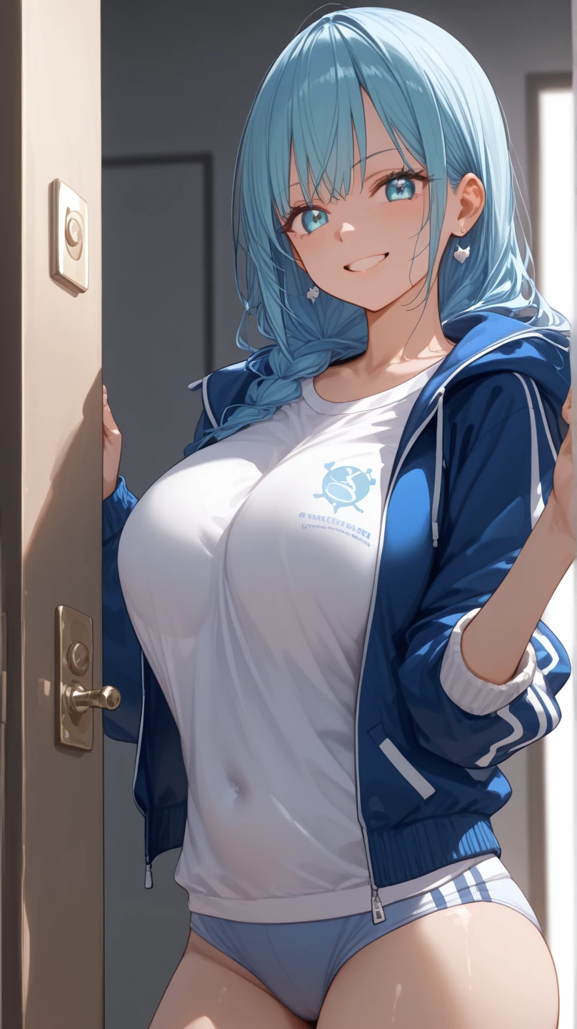 score_9, score_8_up, score_7_up, score_6_up, score_5_up, score_4_up, 1girl, Eula, genshin_impact,, big breasts,,collarbone,breasts focus, , floox style,jacket,, open clothes, light blue jacket, light blue jacket, light blue track suit,, sportswear, standing, steam, steaming body, sweat, , track jacket, light blue track pants, track suit, nipple slip, rating_explicit, , high resolution,, deep breath, , head out of frame, , grey background, , solo, in centre of shot, hands crossed under breasts, blush, embarrased, jacket get down, bare shoulders