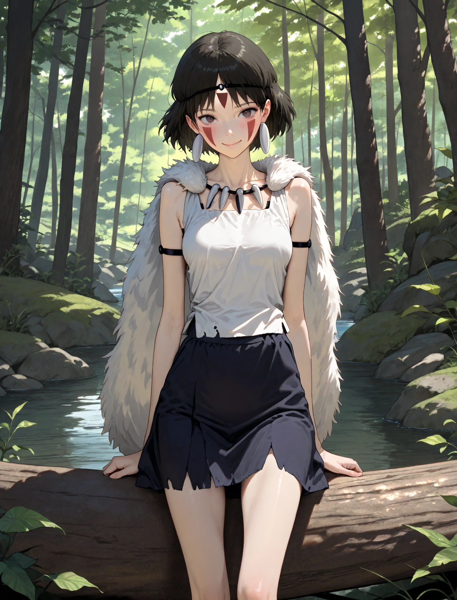 (masterpiece,best quality:1.2,amazing quality,very aesthetic,absurdres,newest,realistic) ,(San,Princess Mononoke),1woman,(adult:1.2),(very small head:1.2),(ideal ratio body proportions:1.2,slender body:1.2,skinny:1.2),medium breasts,black hair,short hair,smile,blush,white shirt,black skirt,In the mountains,Trees、daytime,