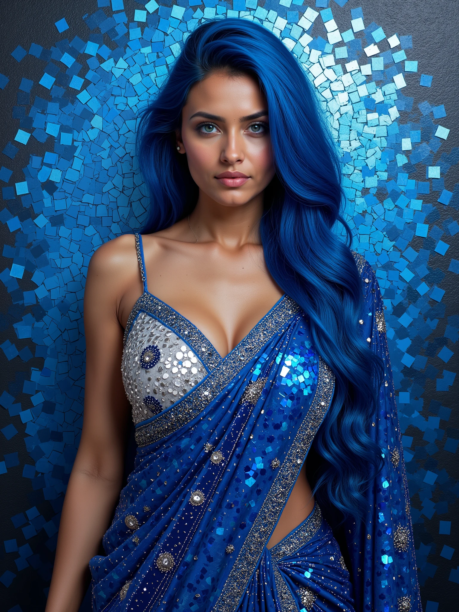Mosaic painting blue to black color gradient background, oil painting with visible impressionistic strokes of A gorgeous woman ,long dak blue hair, , in beautiful with blue bedazzled saree,8k Ultra HD detailed photograph .