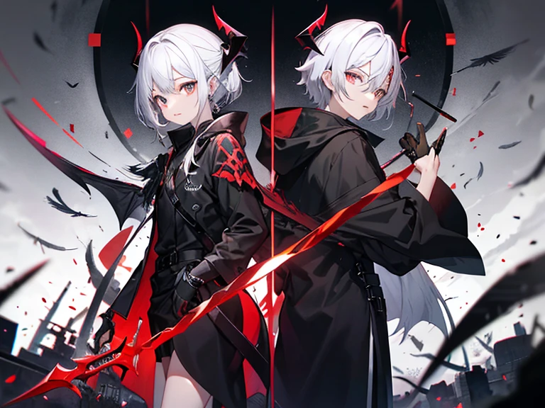 Makes a young man with white hair and red eyes in a black cap with a black and red coat