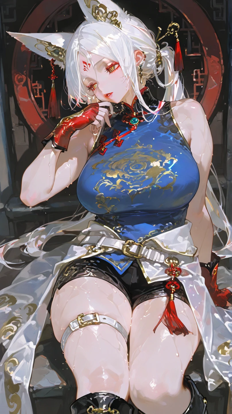 Young beautiful woman,(Highest quality,Extremely detailed depiction,Incredibly absurd high resolution,Anatomically accurate depiction,Two lovely hands, Five perfect fingers,Curvy Legs),(Glowing Skin,Shiny skin),((Cheongsam made of strong shiny latex fabric)),Rainbow gradient sleeves,Intricate and gorgeous embroidery,White pantyhose,accessories,See-through,eyelash,eye shadow,Glowing pink eyes,There is cleavage in the chest,Glossy Lips,Shadowed face,Put your hand on your chin,A seductive smile,whole body,Light blush,background:Chinese-style mansion,From above:1.1,Standing posture