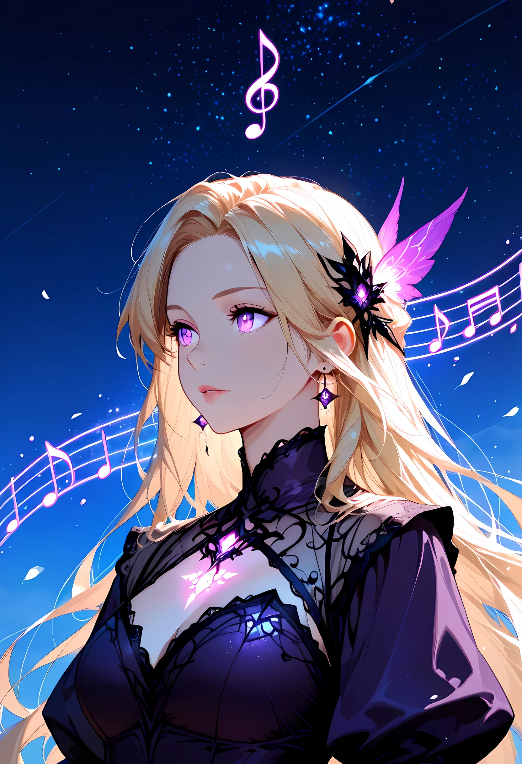 a portrait of an beautiful woman looking to the sky at there are magical notes in the night sky, an extraordinary beautiful woman, there is magic in her eyes she hears magical music, blond hair, dynamic hair style, wearing an intricate dark purple dress decorated with glowing musical notes, she looks to the night sky seeing the ((glowing magical notes in the sky: 1.5)), vibrant, Ultra-high resolution, High Contrast, (masterpiece:1.5), highest quality, Best aesthetics), best details, best quality, highres, 16k, [ultra detailed], masterpiece, best quality, (extremely detailed), fantasy,  Aesthetic_PDXL, fantasy