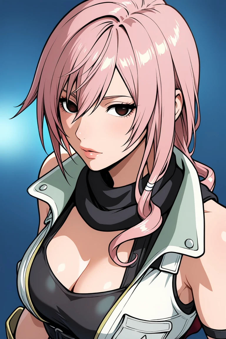 neck tattoo, nose piercing,1girl, thick, mommy, pink hair, asymmetrical bangs, bandaid, short hair, bangs, freckles, grey eyes, scar, scar on face, solo, tattoo on face, arcane vi, looking at the viewer, purple, hair, large breasts, large breasts, cleavage, big cleavage, upper body, wearing only a bra, bra, lingerie, angry face, mouth closed, cleavage, vi from arcane, arcane style, small bra, vi \(league of legends\ 