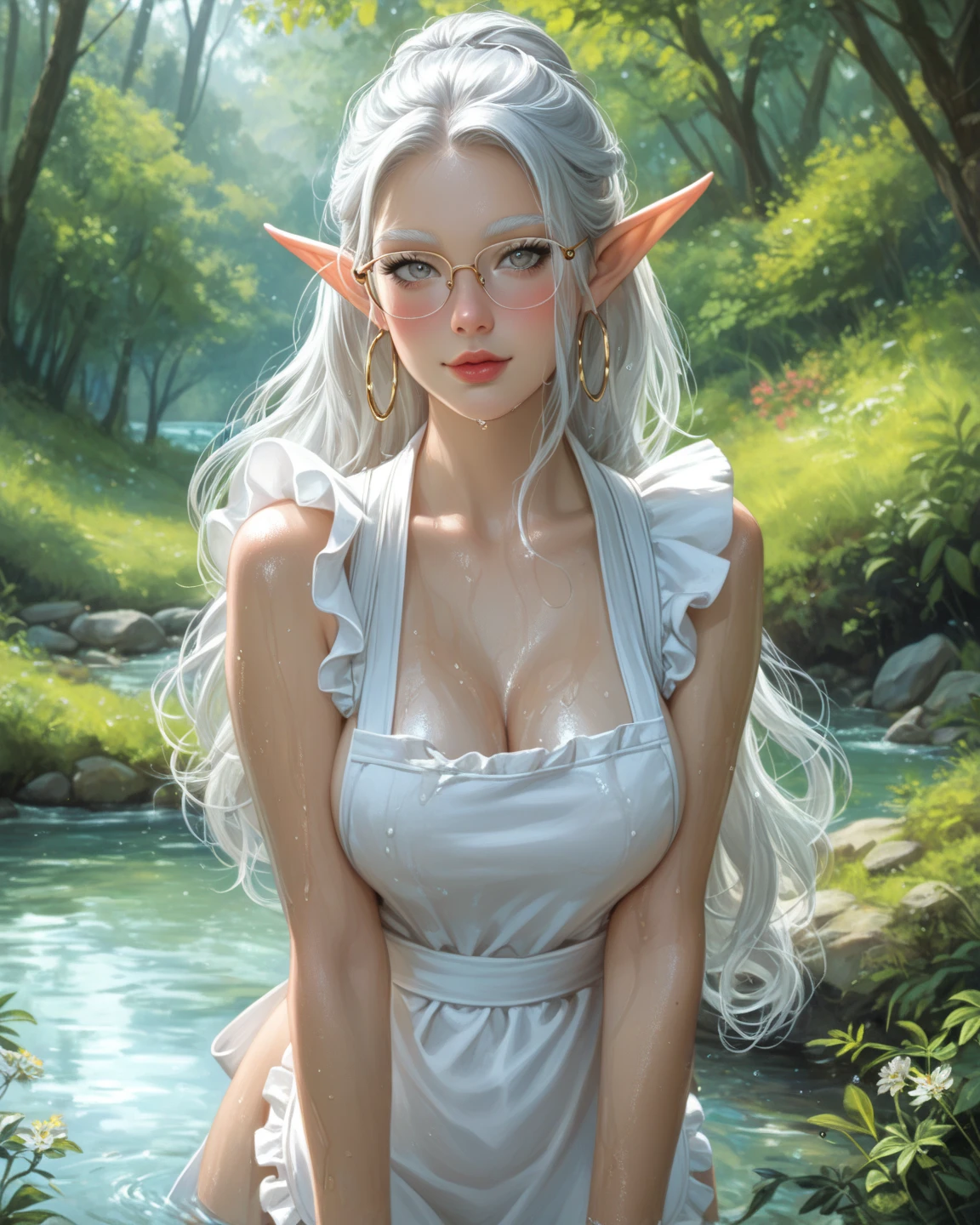 Elf, white skin like china, 20 year old woman, fantasy world, flowers on background, blurred background, side-string, piercing ears, wet thin white cloth wrapped around body, live action, f/1.8, 85mm, canon, high detail, high resolution, 8k, 16k, covering breasts with cloth, covering waist with cloth, bathing, wet thin clothes, smiling, spring, sitting, hiding breasts with both hands, Chest up, with upturned large tips, upper body, close up face, cleavage