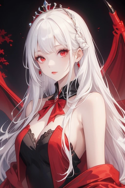 (Highest quality,Very detailed,High resolution:1.2),One Girl,Gray Hair,The most beautiful girl in human history,(1 photo from the front)、暗い red eyes (暗いred eyes:1.1),さみし気なaura(aura:1.1),(mysterious,Ghostly:1.1) atmosphere,Looks like half a demon,(Demonic traits,Demonic traits),(Elaborate,wonderful) Earrings,Small Ass,Elongated beautiful legs、Semi-long hair that reaches the shoulders, ((Upper Body Shot)), (Focus on the chest and face),D-cup beautiful breasts、Clear eyes、Are standing、Slightly flushed cheeks,((Red Shirt))、Red trousers、Black Stockings、It has huge bat-like wings growing from its shoulders.,A big full moon shines in the dark night sky