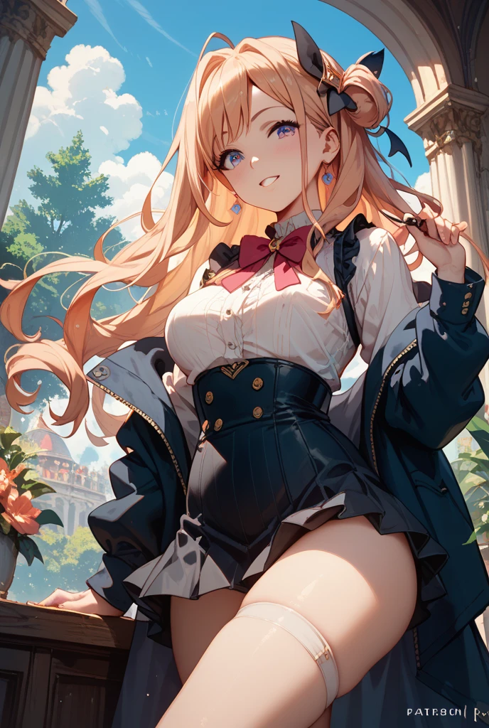 Masterpiece, Best Quality, Official Art, (Highly Detailed CG Unity 8k wallpaper), Detailed background, (Hands by Guido Daniele: 1.1), Feet out of frame, First Person View, 1, Attractive and perfect beautiful woman, Schoolgirl, JK, schoolgirl uniform, spring, cherry, wind blowing, ((Show ass, butt sticks out, flipping skirt, panties visible)))), ( curvaceous), ( White Thighs: 1.12), (Blonde Long Hair: 1.12), (Ahoge: 1.13), (High Ponytail: 1.12), (Green Eyes: 1.13), Look at the Beholder, Big, (cleavage), Beautiful Face, (Blush: 1.11), (Smile: 1.11)