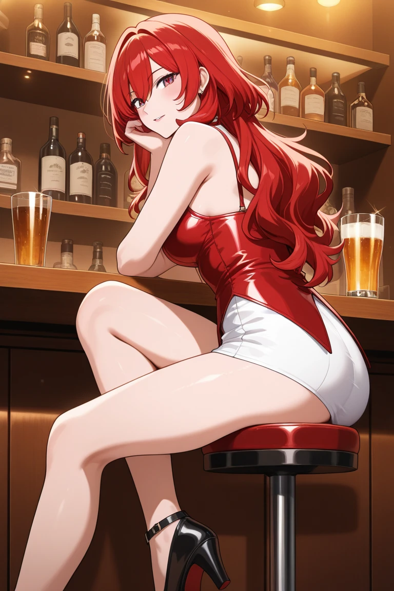 score_9, score_8_up, score_7_up, source_anime, nsfw, 1girl, aru_\(blue archive\), strapless red dress, body conscious, pencil dress,shiny clothes, thomasz, muchi maro, shirabi, year 2023,best quality, amazing quality, very aesthetic, highres, incredibly absurdres, retouched, smooth lines, excellent color, breast conscious, sleeveless, jewelry, necklace, makeup, cleavage, leopard print thong, legs apart, spread legs, full body, high heels, bar