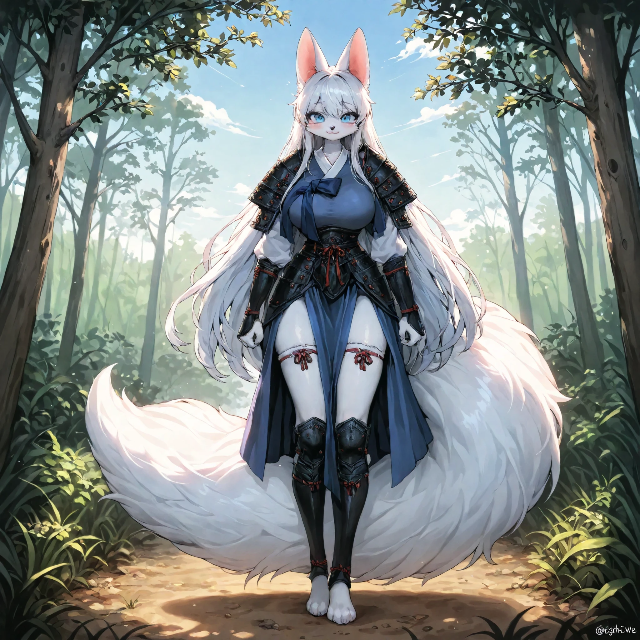 fox white female , kemono , furry , white long hair , Sky Blue eyes , slim , big breasts , two fluffy tails , cute , long legs, 1 person , watertight eyes , General , korean forest , fur white , Hanbok i'm in the armor and , black armor style korean , legs armor style korean , armor breasts style korean , eight armor style korean , Skirt Armor style korean