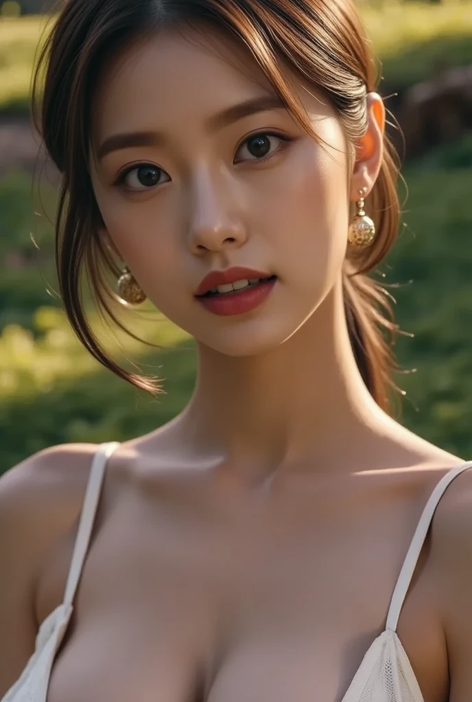1 real photo of a cute Korean star, striped hair, White skin, Light makeup, 32 inches bust, Wearing a gray crop top top, on a farm, upper body portrait, spark, ultra high definition