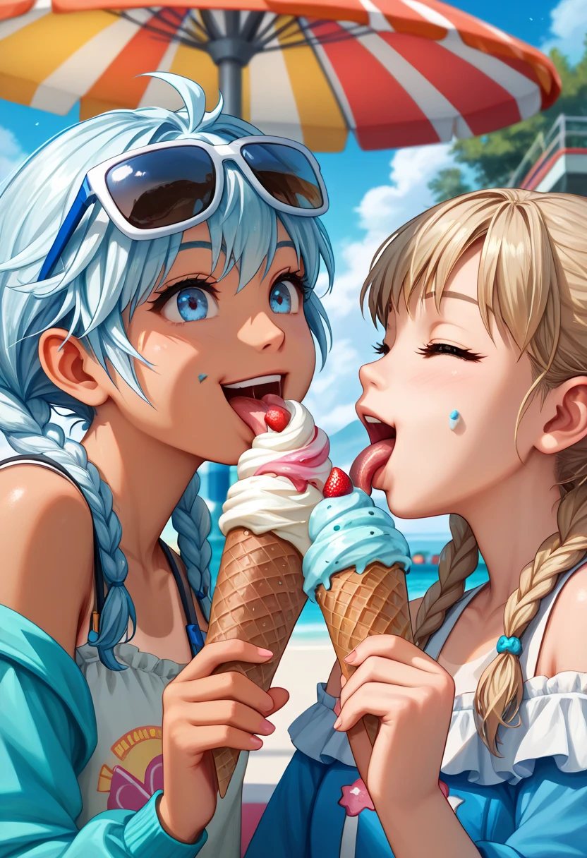 Best quality, high resolution, masterpiece, detailed background, beautiful girl, cute hair color, braided bob cut, twin tails, ponytail, amusement park, smiling face, tan lines,(Two girls eating delicious ice cream with an amusement park in the background: 1.5), (Girl licking ice cream with her tongue out: 1.5), (Close-up from the side: 1.3),(Smiling peace sign: 1.2),
Off-shoulder tops in bright colors and vivid patterns, sandals, cute