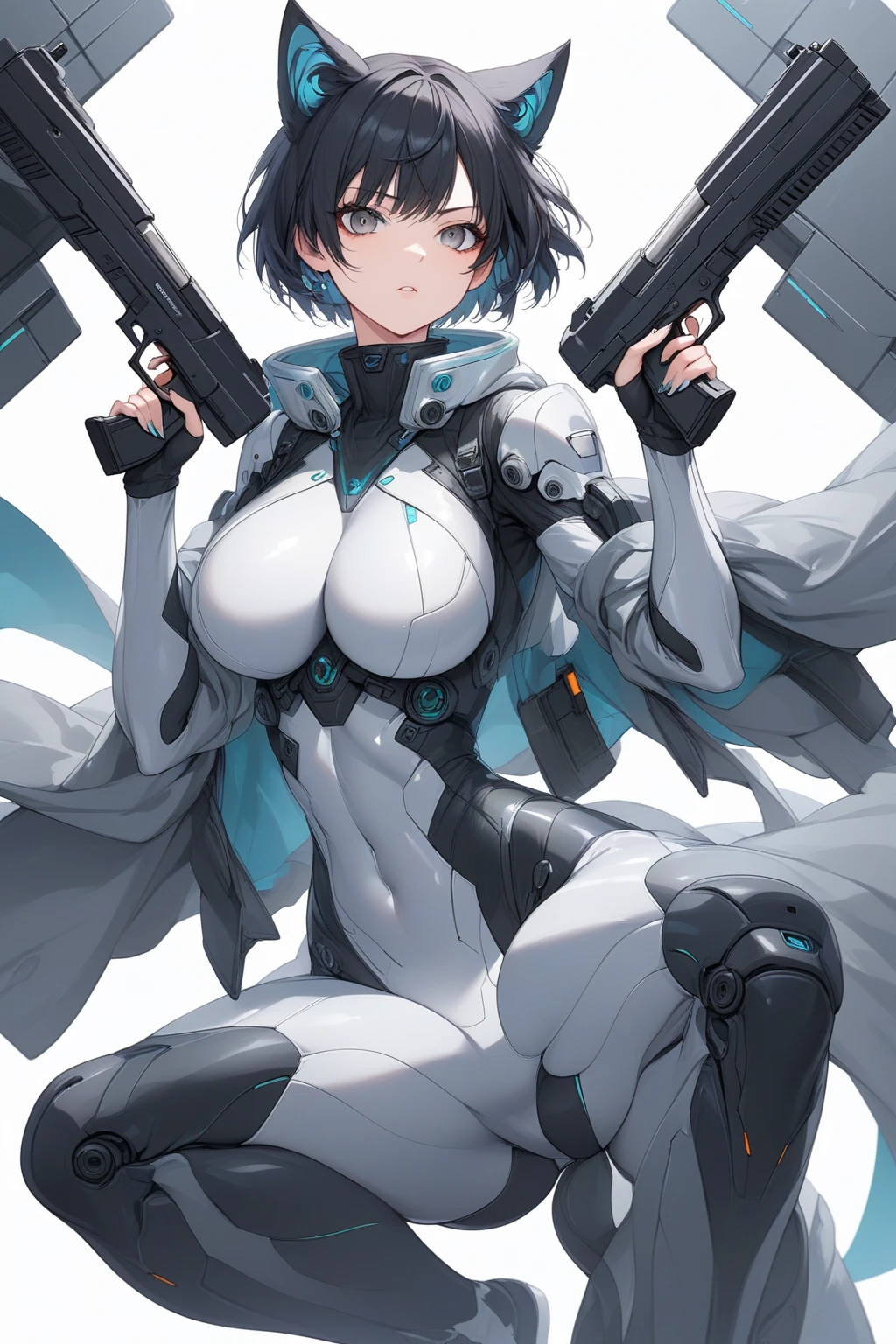 masterpiece, best quality, ultra detailed, 4K, 8K, no bad anatomy and fingers, super detailed skin, science fiction, dynamic pose, cyborg beautiful girl, face like a Paris Collection model, asymmetrical bob cut with mesh, wearing dress armor by top designer, flight unit on her back, anime style, ink painting, rough lines, cinematic, control room in space station, very detailed background, cleavage cutout, elaborately designed clothes,