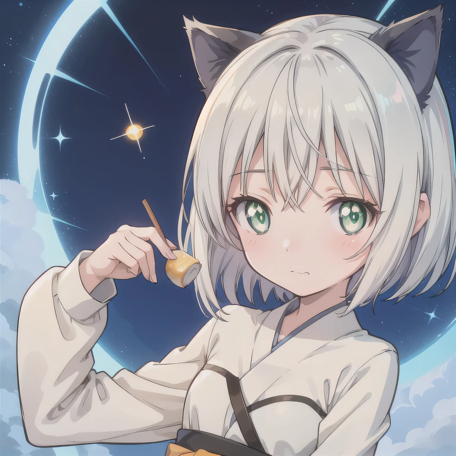 A Japanese anime-style chibi girl, 3-head-tall, super round body and head, deformed proportion, big sparkling eyes, small nose and mouth, cute and soft illustration, simplified color palette, masterpiece, her mouth is empty, nothing in her mouth, no objects around the mouth, not eating, not holding anything, natural facial expression. Short hair, animal ears, (green eyes:1.3), white hair, cat ears.