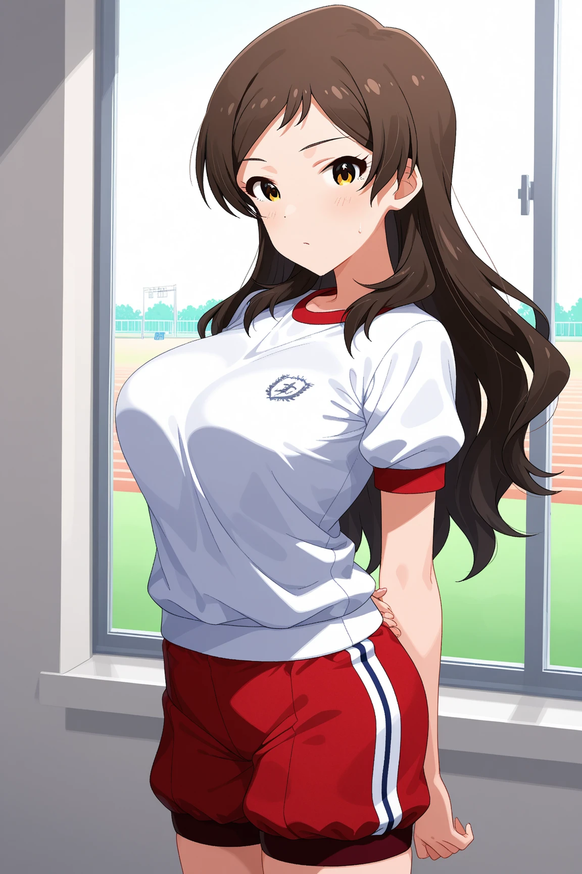 Highest quality、masterpiece、Beautiful breasts、Gym clothes with short sleeves、Short length、Small waist、Brown Hair、blue eyes、Long Hair、Red gym clothes、Plain clothes、outside、sports
