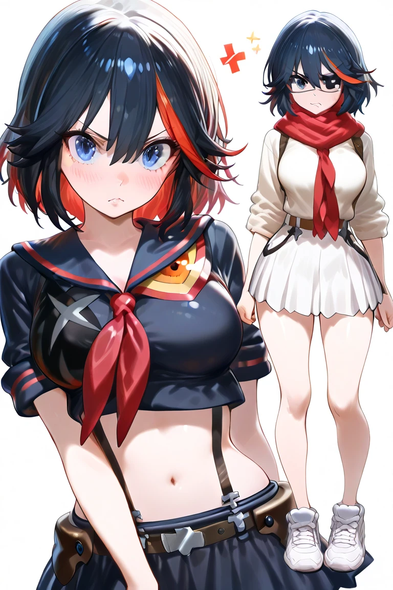 rating: sensitive,  <lora:Matoi_Ryuuko_SDXL:1>,1girl, striped panties, matoi ryuuko, underwear, panties, striped, solo, gloves, skirt, black hair, senketsu, school uniform, suspenders, multicolored hair, blue eyes, streaked hair, red gloves, serafuku, shoes, short hair, sneakers, fingerless gloves, white background, red hair, midriff, pleated skirt, simple background, navel, two-tone hair, black skirt, masterpiece, best quality