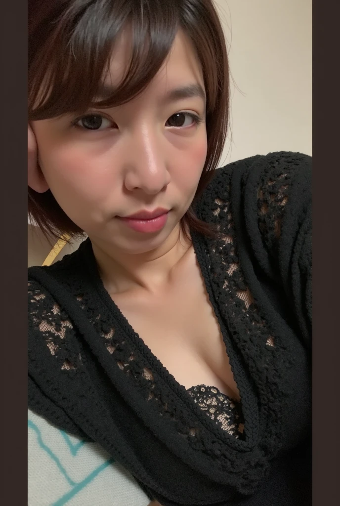 8K, Beautiful and mature 55 year old Japanese woman, Married women, Fine Lines, Long eyelashes, Beautiful Eyes, Bob Hair, compensate, Red lipstick, Kissing Face, Cleavage, On the chest, Beige bra, Erotic, Functional