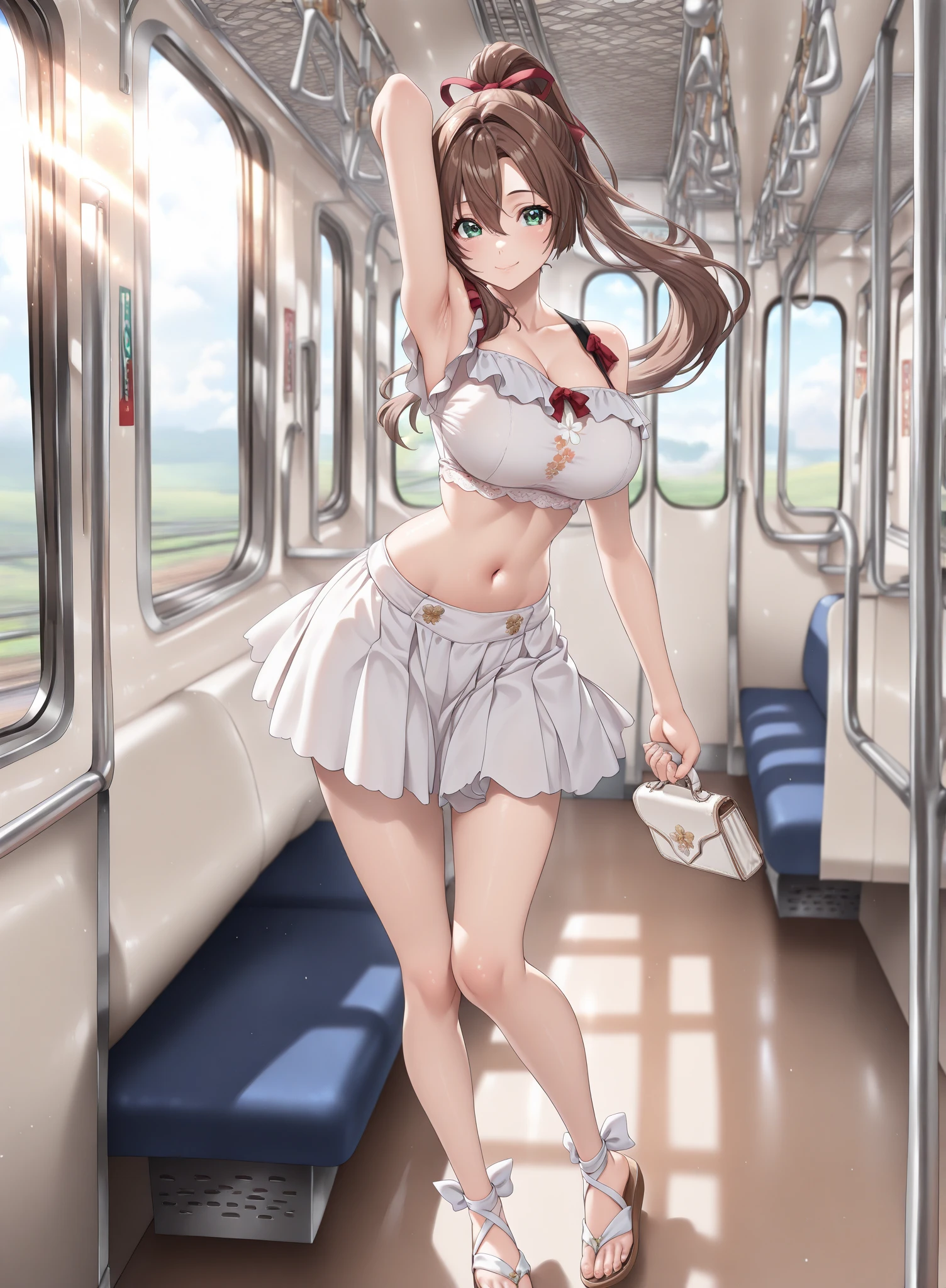A young girl stands in front of a man and looks down on him、1girl、((looking at foot))、()、Young face、(seductive grin)、Messy Hair、Twin tails、Blonde、(Forehead), (((cute lace panties)))、Short dress、Small breasts, Chest、((Small breasts)), Sandals、(((in train)))、Thighs、((sexy))、(((dress pull))), ((Top view)), 
