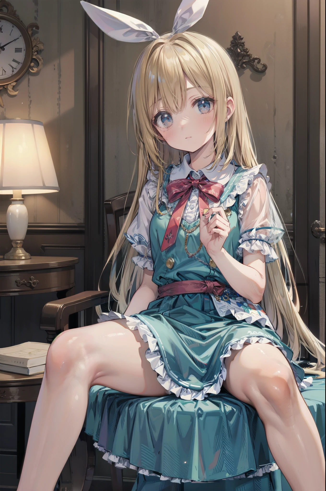 (convenient leg:1.0), feet focus, (knees together feet apart), Gently stare,  by krenz Cassiato , is sitting, Asuka, Asuka, Anime Styleイラスト, Official Art, high quality anime-style art as a model, high resolution, Anime Style, (Alice in Wonderland:1.4), (face close-up:1.1), (NSFW:0.7), ( blond and blue eyed), head accessory,