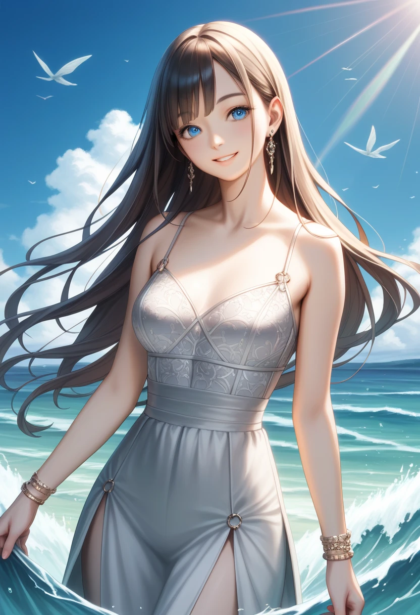 a portrait of a bride surfing the waves, on a sunny day in ocean, an exotic beautiful bride, ((anatomically correct: 1.5)) ultra detailed face, dynamic hair color, dynamic hair style, dynamic skin complexion, (best detailed face: 1.5), busty wearing intricate, elegant bride's dress, glamour bride dress, barefoot, she is surfing an (surf board: 1.3) she surfs a massive wave, sunny day, sun rays, some clouds, wavy ocean background, vibrant, Ultra-high resolution, High Contrast, (masterpiece:1.5), highest quality, Best aesthetics), best details, best quality, highres, 16k, (ultra detailed: 1.5), masterpiece, best quality, (extremely detailed) RAW, (ultra details, Masterpiece, best quality), Dark Art Painting Style, ba11g0wn, Cinematic Hollywood Film