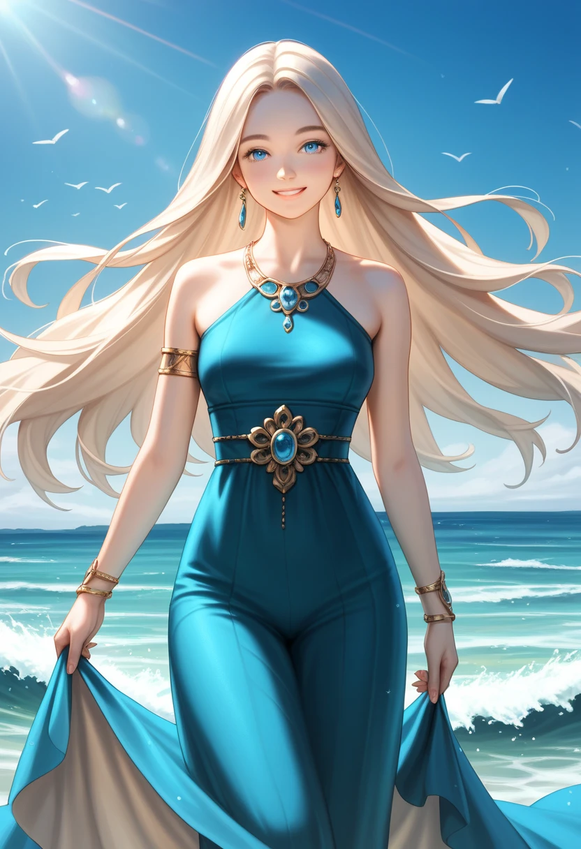 Beautiful and beautiful CG images),(Best quality, ultra - detailed, A high resolution),(dynamic angle, 动态照明),(1 character),(Long pink and blonde hair), eBlue eyes, Nice face), 1 girl, (long sideburn, a plant, ssmile, Long blue dress, 3 days, the ocean, Eau, beach ball, sea shell, and the sun was shining brightly, Windy