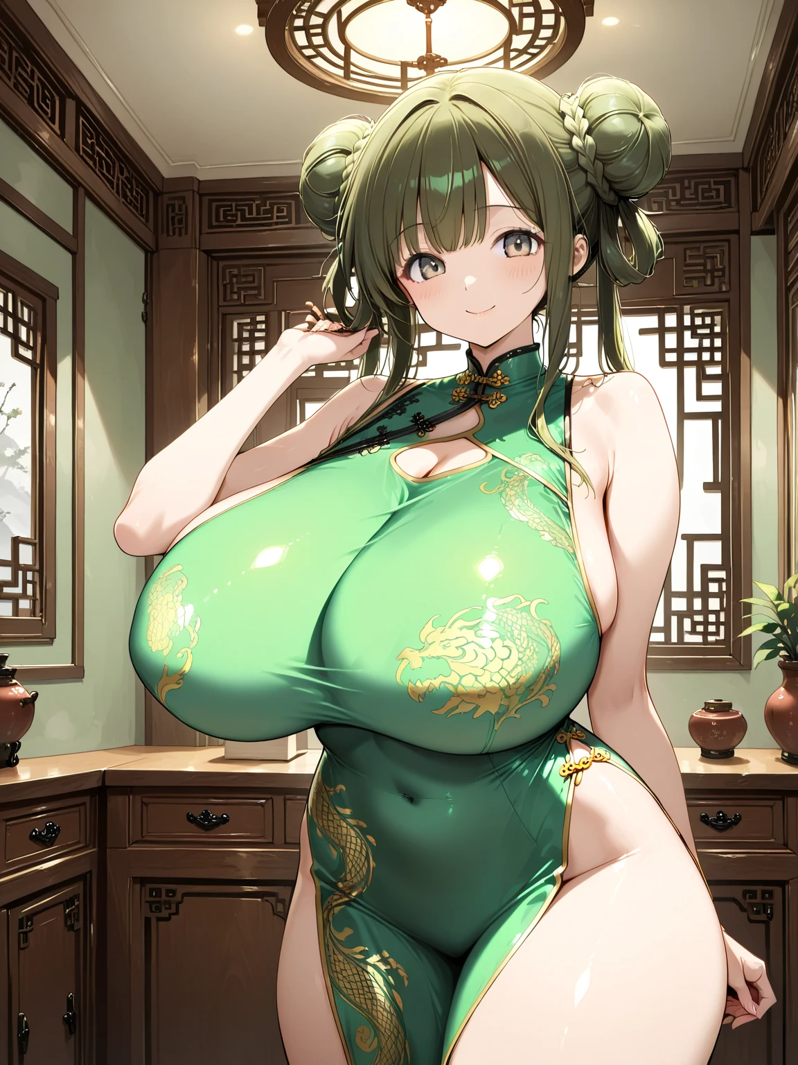 Higres,{{Masterpiece}},{best quality},{extremely detailed},{beautiful detailed cute face},{extremely detailed eyes},{beautiful detailed shadow},{hyperealistic},1girl,mature female,ahoge,ahegao,sparkling eyes,ankle ribbon,(cheongsam,chinese dress:1.5),huge breasts,blunt bangs,green hair,covered nipples,purple eyes,shiny hair,shiny skin,blush,happy,naughty face,long hair,breasts bigger than head,huge breasts,curvy body,curvy female ,lactation,thighs,thick thighs,ass visible throught thighs,solo,zettai ryouiki,full body,standing,(huge breasts:1.55),(masterpiece:1.2),(highly detailed),(best quality:1.2)