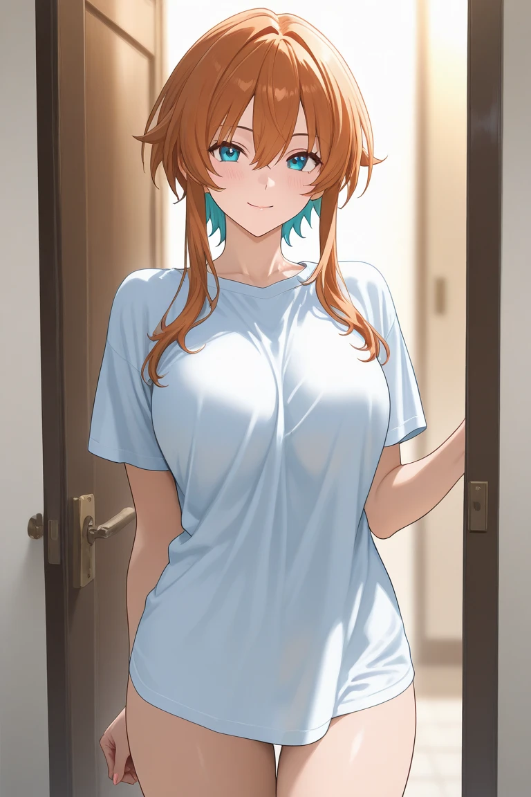 masterpiece, (best qulaity:1.3), 8K, wallpaper, depth of field, beautiful detailed eyes, (1girl, mrs yuigahama, orange hair, hair bun, (shirt:1.3), closed mouth, smile, indoors, sitting, on bed, medium breasts, (grey sky, park, rain, indoors:1.2), looking at viewer, short sleeves, (pants, jeans:1.2)) <lora:mrs_yuigahama_v1:0.8>