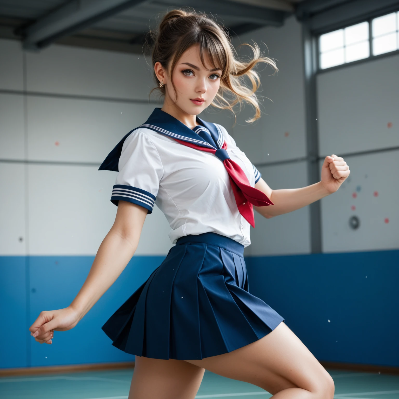 Sexy woman in skimpy sailor uniform, standing split at her desk in classroom, navy blue pleated skirt lifts, cute butt sticks out to the side, tan silk shiny pantyhose, (((classic tan shiny sheer pantyhose))), (((shaved vagina through pantyhose))), single seam pantyhose, pantyhose camel tie, she is flirty, she shows off her pantyhose, long wavy dark hair with bangs, classic white and blue sailor shirt crop top with red silk scarf