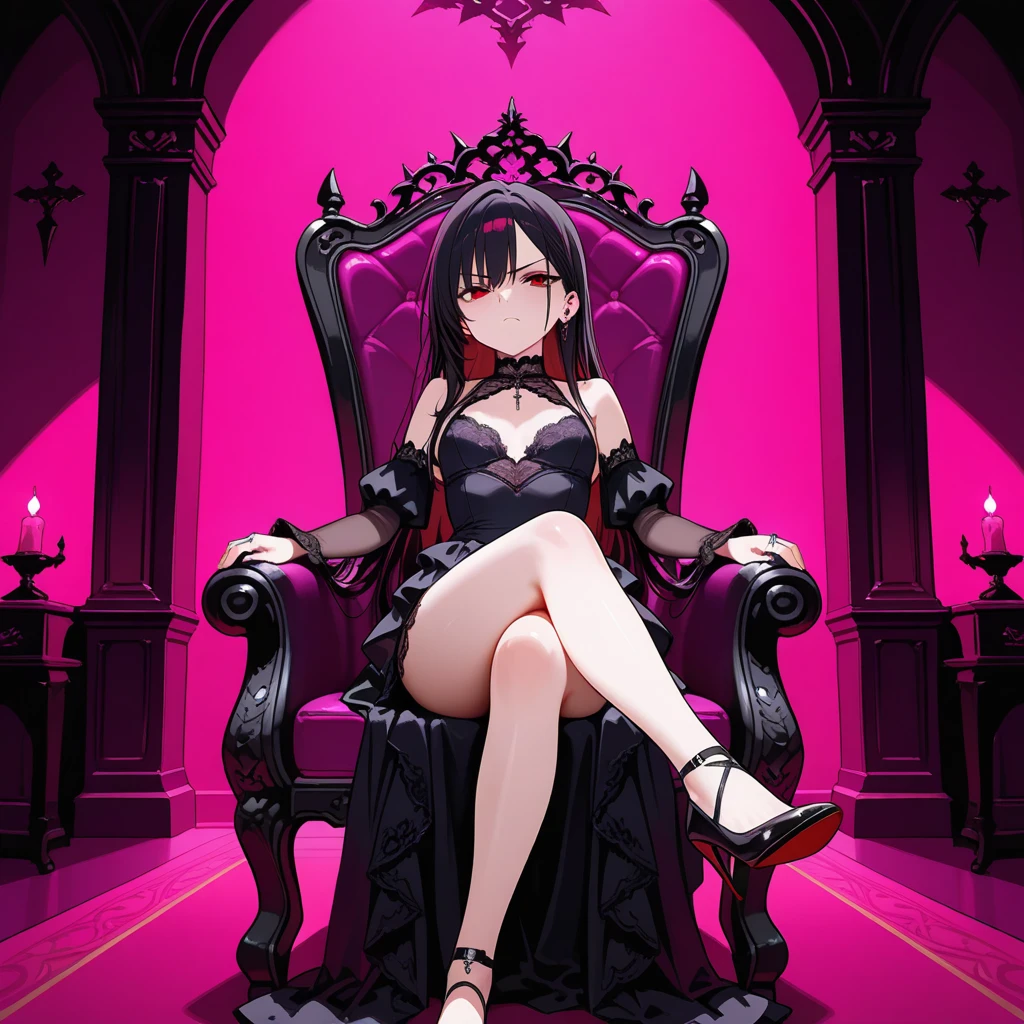 Adult, Female, Black hair, goth girl, gothic aesthetic, goth clothing, goth make up, thick thighs, medium chest, annoyed, disgruntled, sitting in gaming chair, gt racing chair, black and white chair, Masterpiece, Accurate, Anatomically Correct, Best Quality, High Details, Detail, Super Detailed, Best detail, Perfect detail, Amazing detail, [-3, 3], Art Nouveau, 