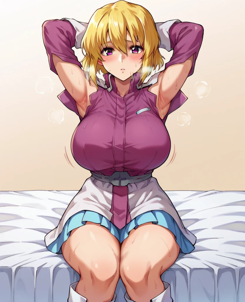 （One girl）、(short hair)、(sidelock)、((Blonde))、[hairs between eyes]、Princess Connect、((boyish))、huge breasts、((plump))、(beautiful girl)、[Big thighs]、Green Eyes、(Futanari)、(Cleric)、pink leotard、high neck sleeveless、bunny 、((thigh-high socks thighhighs))、(long gloves)、say、(Erotic squatting)