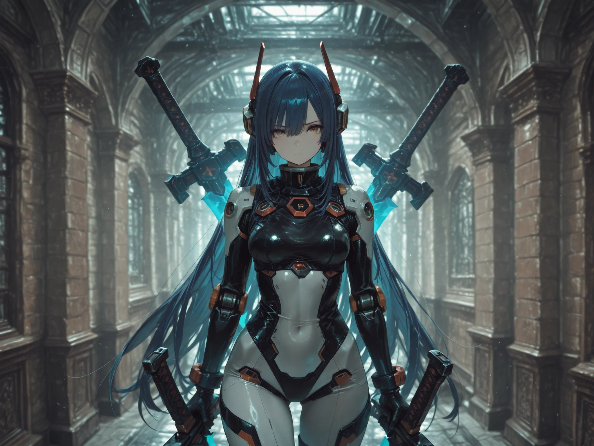 Highest Quality　masterpiece　final　SF　Molecular Blade　near future　war　Blue Hair Long Straight　Mechanical Girl　Dual Swords