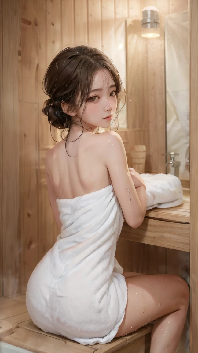 ((16K)),(masterpiece:1.3, Highest quality, Ultra-high resolution, Super detailed), (Realistic, photoRealistic:1.4), Perfect lighting, colorful, Depth of written boundary, Browsing Caution, Surrealism,Face Light,Beautiful detailed hair,((Beautiful eyelashes)), Beautifully detailed face, Beautiful fine details, Beautiful clavicle, Beautiful body, thin脚,Beautiful breasts, Beautiful feet, Beautiful Hands, Pointed Chest, thin, 1 girl,23 years old, Perfect Face, Long eyelashes,Perfect Anatomy, Supermodel with a long neck,((Skinny1.3)),(Perfect Anatomy,Anatomically correct, Highly detailed skin), Shiny skin,((beautiful girl:1.1)),NUDE, ((stick out butt:1.5)), ((show your butt hole:1.5)),(Hair Bun, Black Hair) ,((See-through bangs)),Dainty facial structure,((Close your eyes and smile happily:1.4)),Create an image of a beautiful woman relaxing in a sauna. She looks calm and satisfied, (( She is wrapped in a towel)), Her hair is a little damp from steam. The sauna is warm, Wood panel, Soft light shines in, Create a calm atmosphere. In the background, a wooden bench and a sauna bucket with a ladle are depicted.,((From above))
