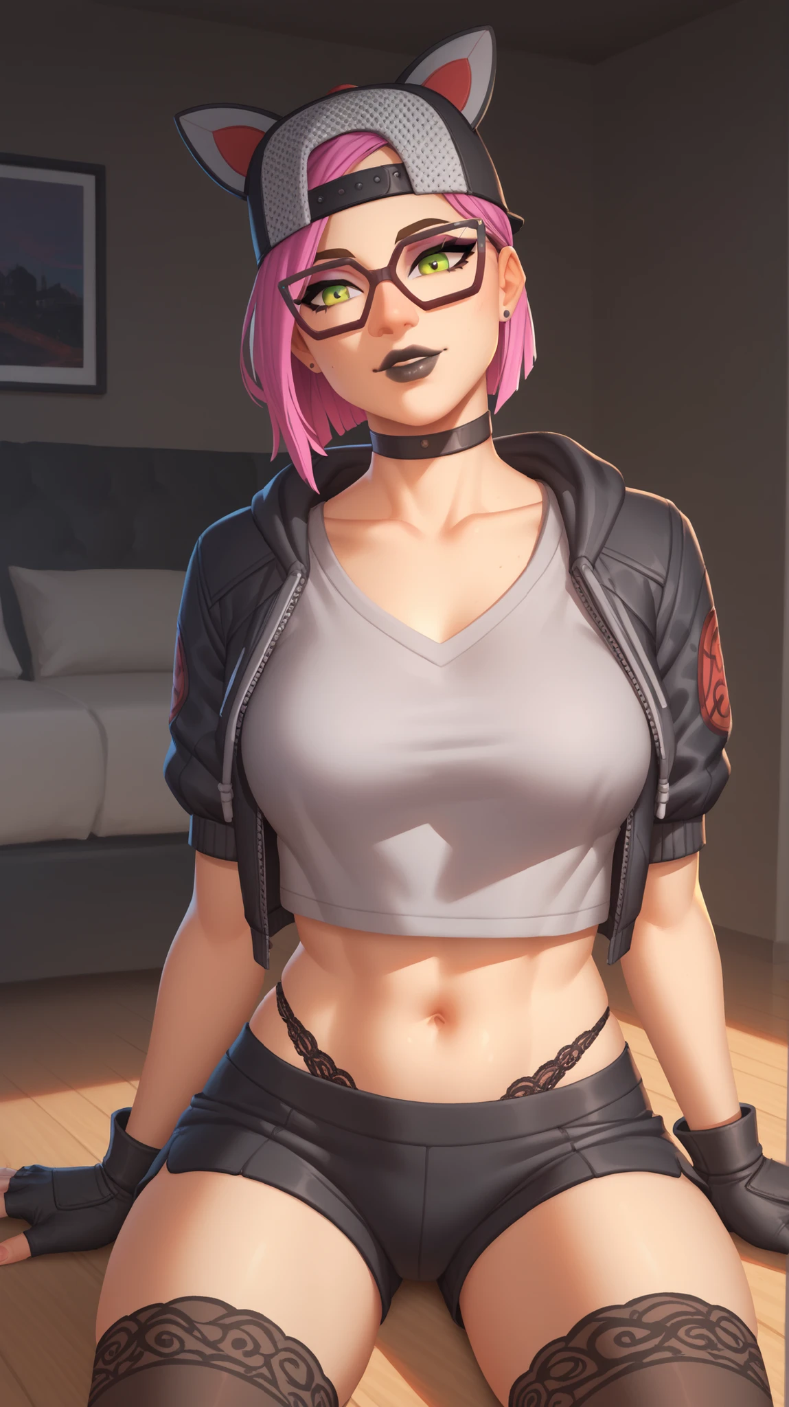 Beautiful woman, undercut, shaved hair, pink hair, pink eyes, dark lipstick, smiling, bracelet, large breasts, gray t-shirt, beige jeans, piercing, sitting
