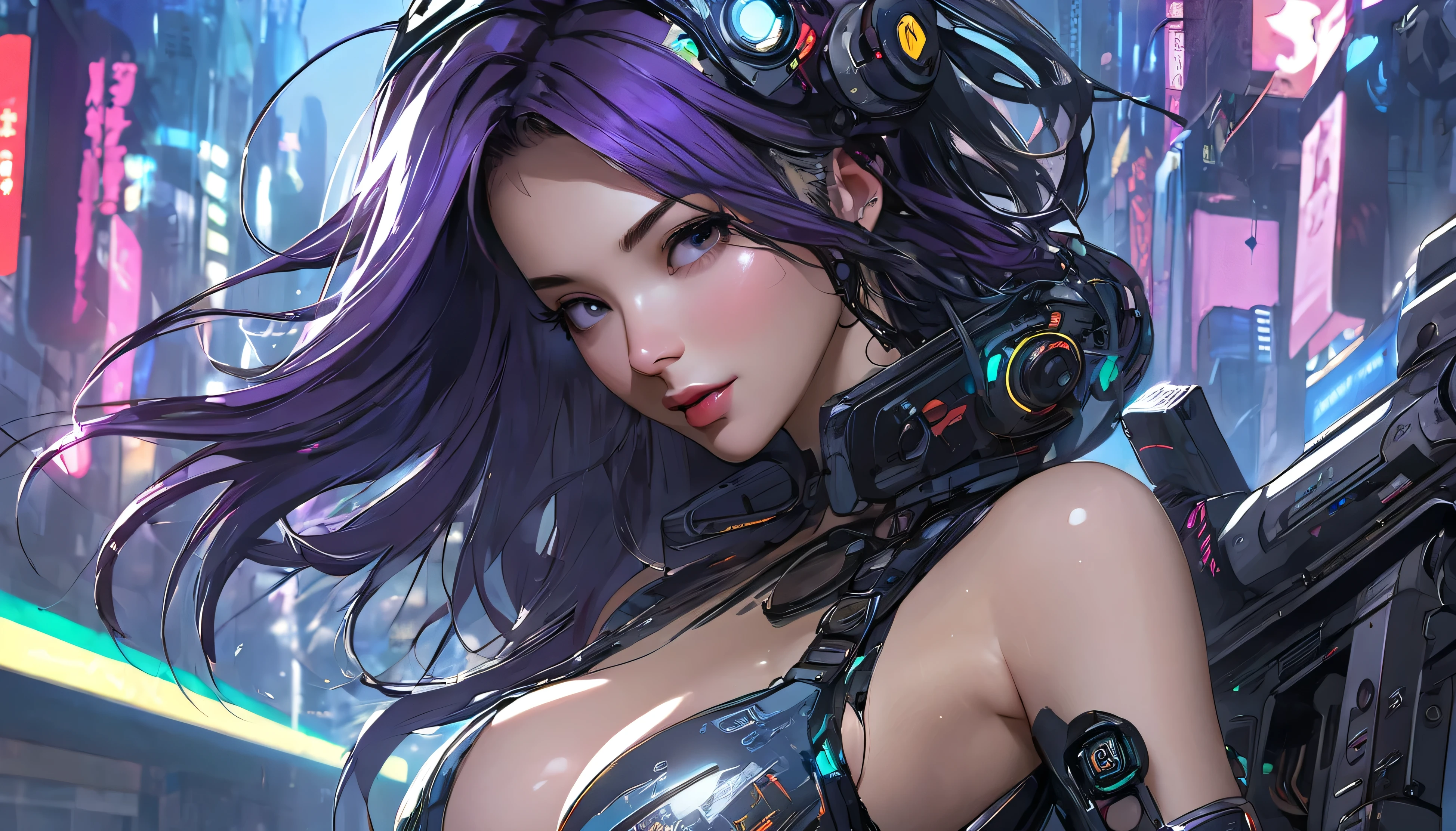 1 Girl, from cyber punk, in cyber punk clothes, high quality face, high quality eyes, medium size breast, perfect body, Cyber punk background