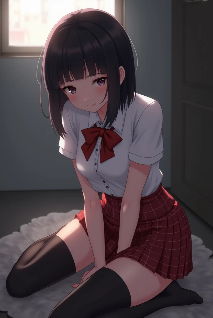 (8k, RAW Photos, Highest quality, masterpiece: 1.2), masterpiece, Super Detail,Best lighting, (Realistic and photorealistic photography: 1.4), High-resolution RAW color photos, Background Blur, blush, Depth of written boundary,1 young cute girl, Hair between the eyes,short hair,Black Hair,(red inner hair with yellow hairpin),red eyes,Highly detailed mouth,short,young,10 years old,medium breasts,small earrings,(Oily skin:1.5,Glowing Skin),glitter skin,whole body, ((light purplel sleeveless collared shirts, black tight mini skirt, high heels)), pink panties,(lift skirt:1.3,lift by self)