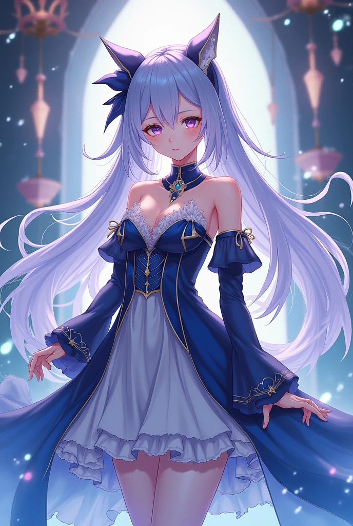 NSFW,Kazuki Kazami、Silver Hair、Long Hair、Red Eye、(High-quality dress:1.5),(Perfect hands),(Perfect Anatomy),(masterpiece),(Highest quality),Embarrassed,blush,Luxurious mansion,chandelier