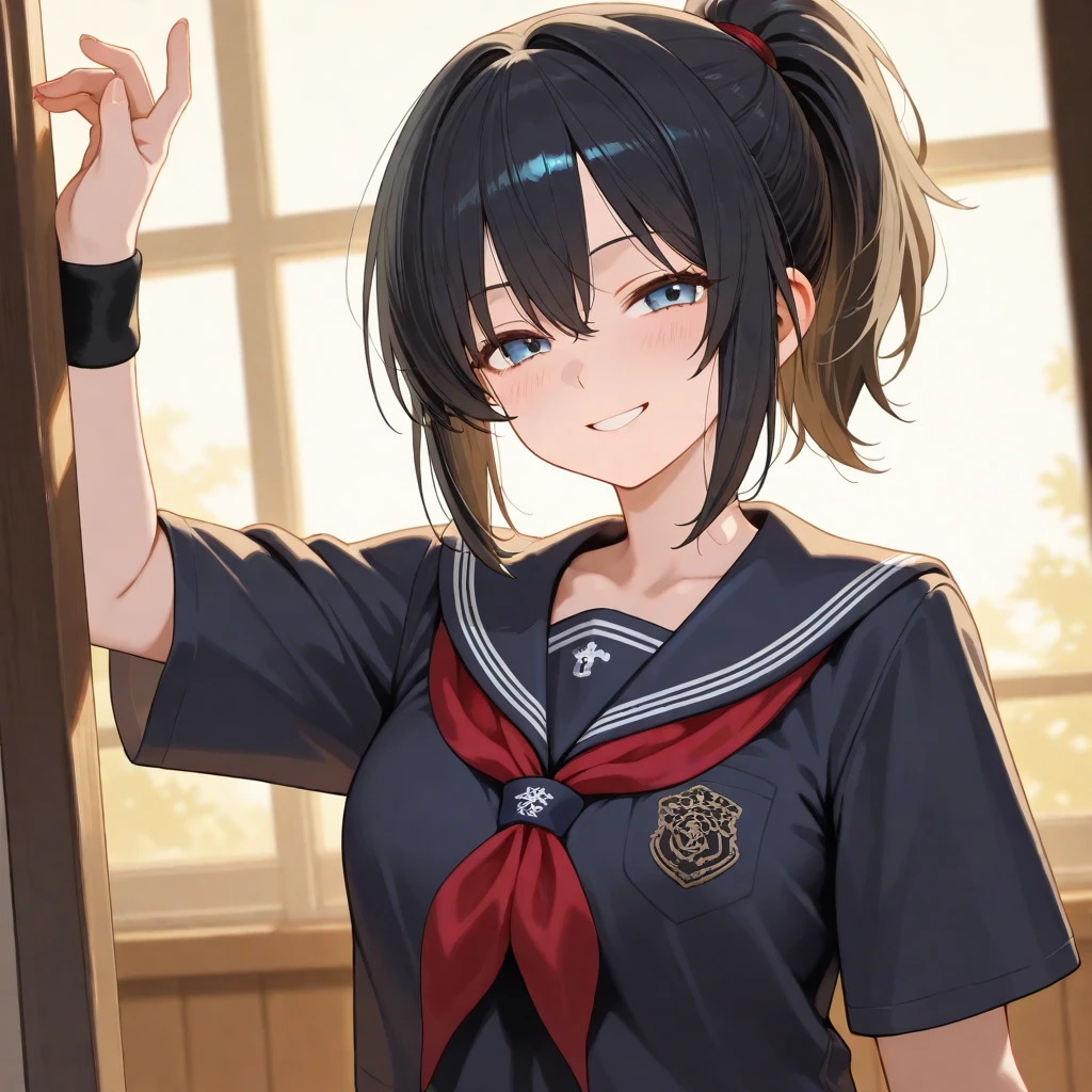 masterpiece, highest quality,girl,Super detailed,Outdoor,Yunyun, Long Hair, Brown Hair, hair ornaments, (Red eyes:1.3), happy smile, smile, Open your mouth, White shirt,Short sleeve,Sweater vest, (black Sweater vest:1.5),Black pleated skirt,Black Pantyhose,Black Loafers,whole bodyがイラストに入るように,歩いている break door, School　corridor,crowd, people々々々々, break looking at viewer, whole body, break (masterpiece:1.2), highest quality, High resolution, unity 8k wallpaper, (shape:0.8), (Beautiful and beautiful eyes:1.6), Highly detailed face, Perfect lighting, Highly detailed CG, (Perfect hands, Perfect ???????),