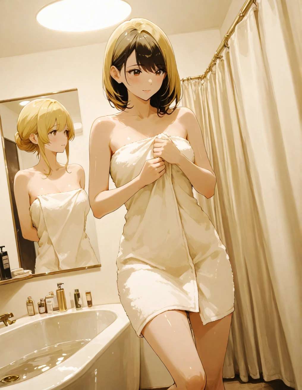 Bathroom, beautiful girl, wrapping a bath towel around her body,  standing, bending forward, embarrassed expression