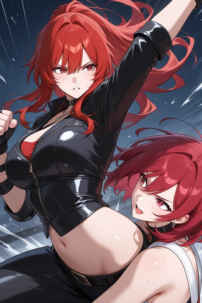 A girl with crimson red hair and maroon eyes with a black and red shirt that covers her whole torso and sweatpants and big breasts smiling and a background with volcanoes and fire