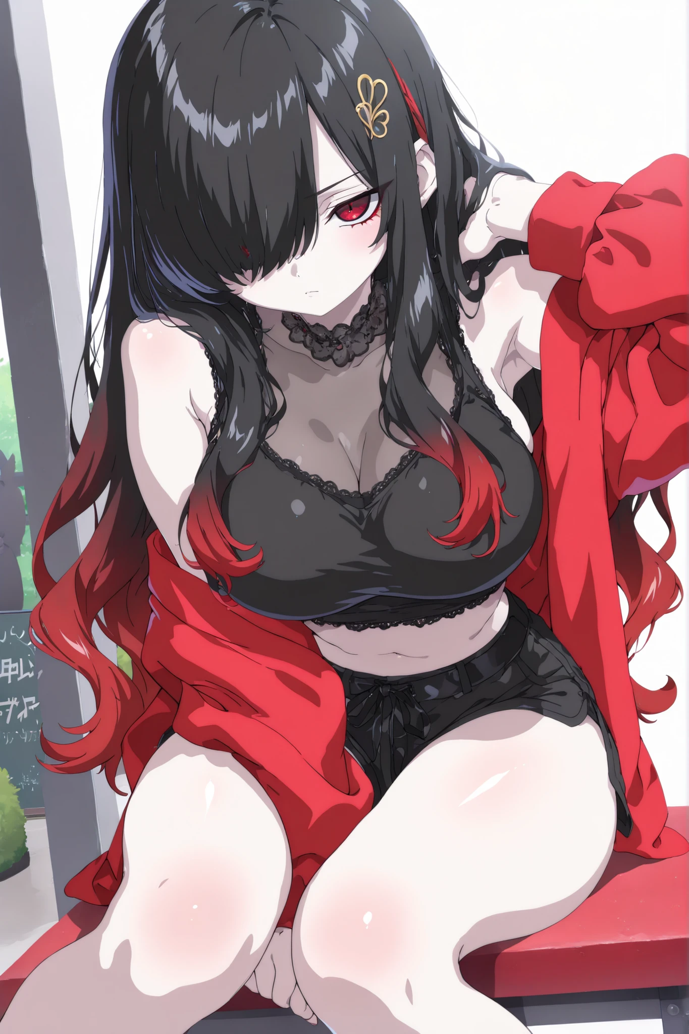Yobriya Ratatata, briar rose tartare, Bangs, Headband, red eyes, black hair,rest , bare shoulders, underwear,underwear only, underwear, floor,rest,best quality, high resolution, unified 8k wallpaper, extremely detailed face,perfect hands, Buttocks close up,big asack view,The eyes are delicate,camel-toe
