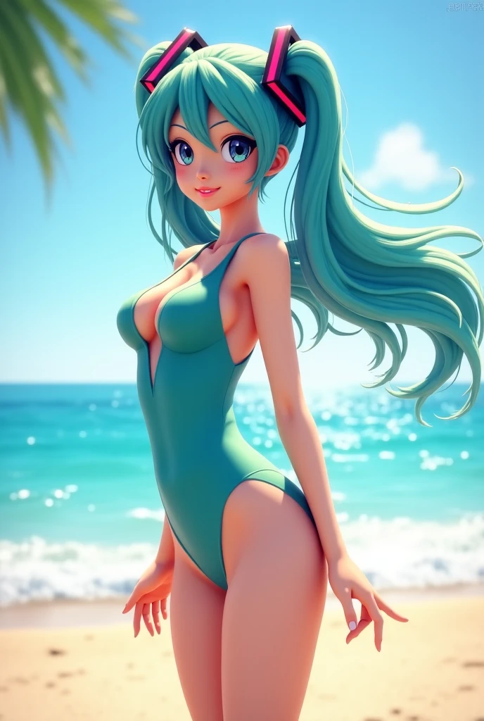 vrchat,3d render,uploaded on e621, explicit content, 3d, cutesexyrobutts, hioshiru, female, solo, meloetta, noseless, long hair, beach setting, (split dress), (large breasts, natural breasts, breast sag:0.7), standing, three-quarter portrait, closeup, arms to side, facing forward, pantie peek, chibi, beautiful eyes,