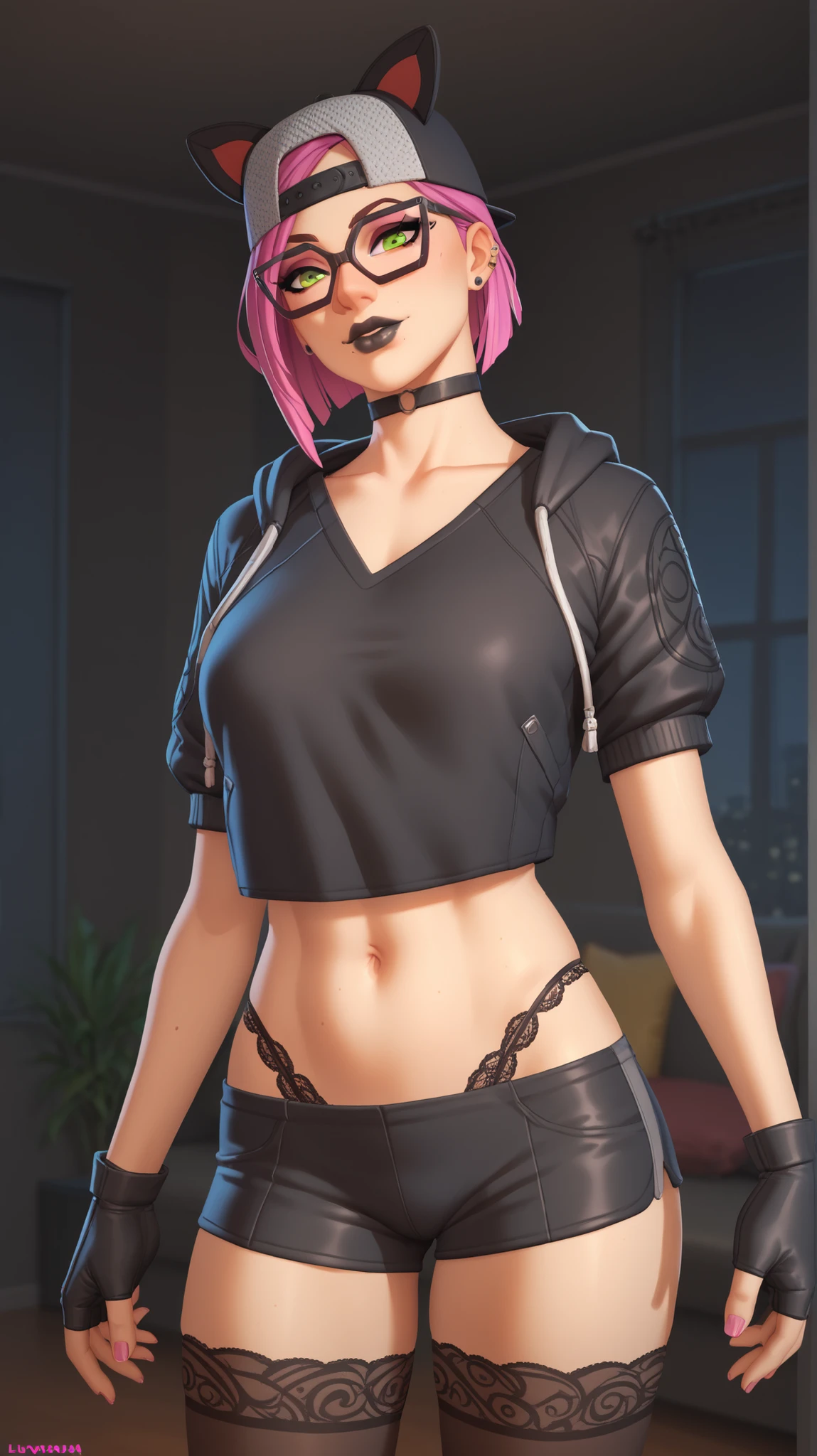 girl (masterpiece)perfect detailed face, perfect green eyes,black cap,choker, black lips, evening,fingerless gloves (alone)interior of a futuristic Black room, beautiful green eyes, short pink hair, glasses,lace thong, black thigh-high stockings, Lycra sports shorts,black short jacket, loose black t-shirt