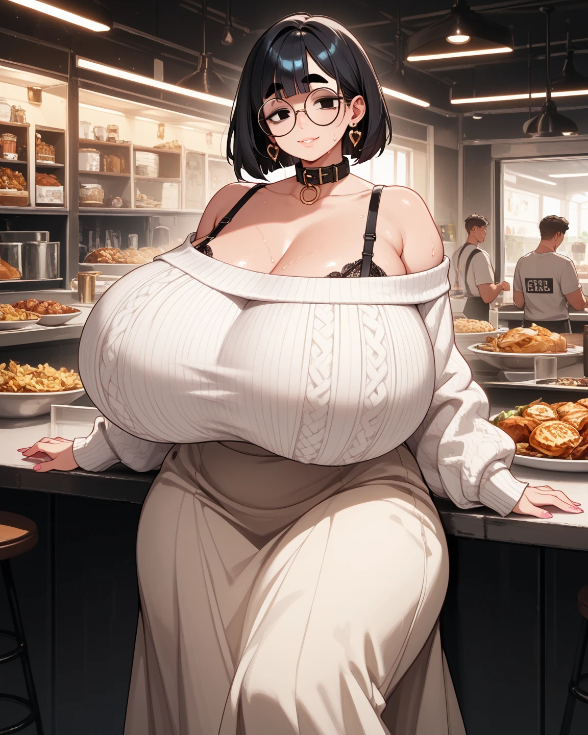masterpiece, detailed, realistic, young korean woman, bar staff, (detailed face, beautiful face), (gigantic breasts:1.7), (bursting breasts:1.4), pleased expression, open smile, thin, leaning forwards, strap top, (holding dollar bills:1.2), crowded bar