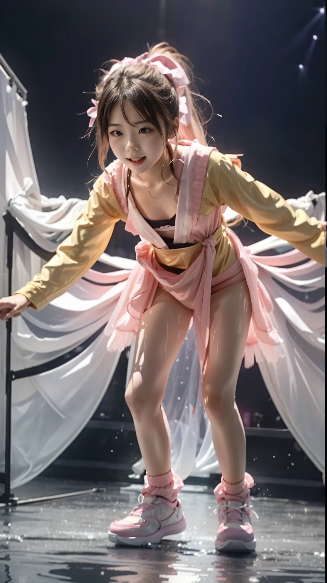 (masterpiece), best quality, expressive eyes, perfect face,disneyland,((marika matsumoto open thighs)),yellow butterfly style dancer,flared mini skirt,up skirt,((shoot from below)),(on stage),dancing,(white panties),独奏,Matsumoto Marika,