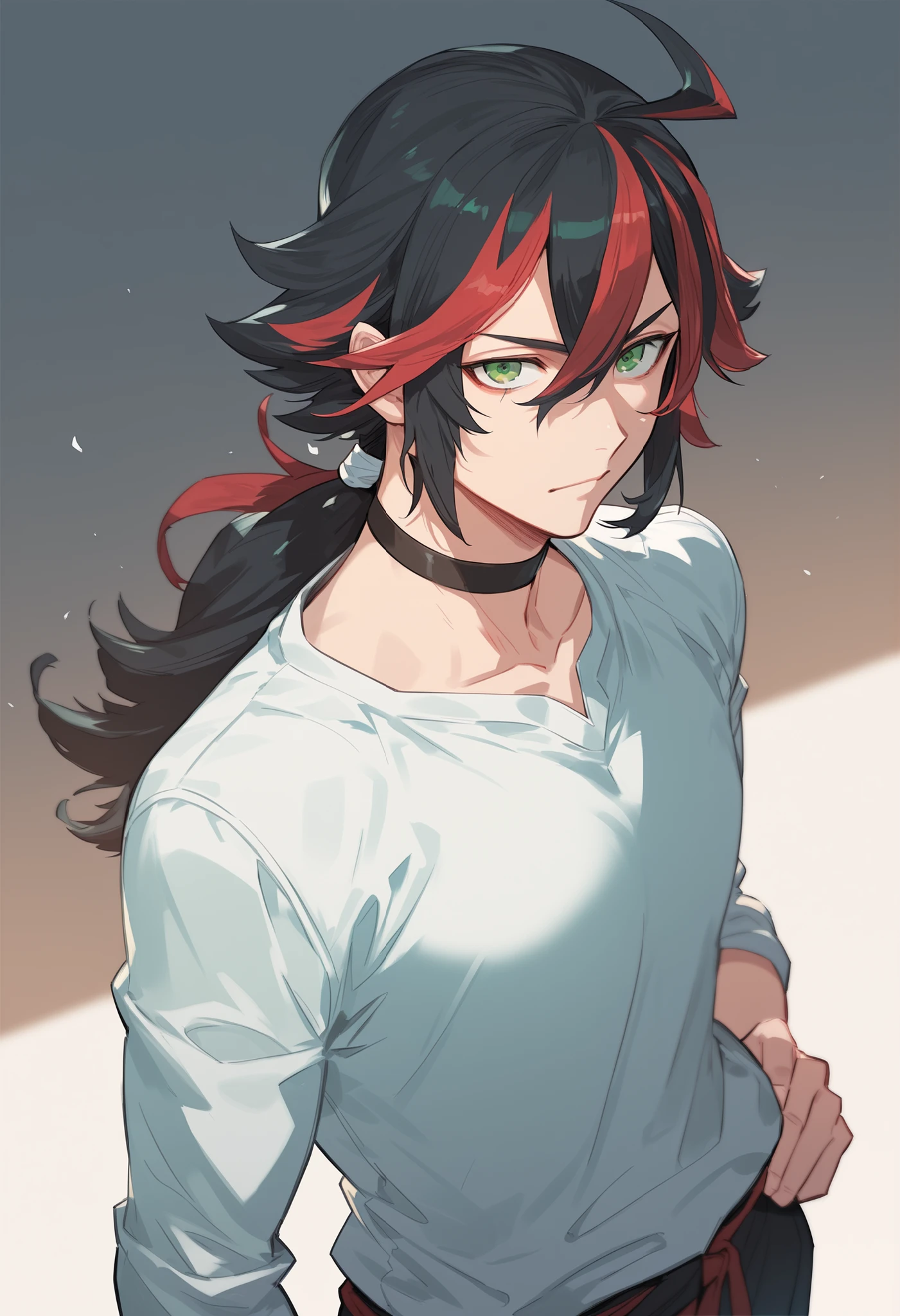 1boy, masterpiece, looking at viewer, facing viewer, cowboy shot angle, simple background, masterpiece, best quality, Heizou, green eyes, hair between eyes, bangs, ahoge, red hair, black hair, multicolored hair, streaked hair, long hair, ponytail, low ponytail, multiple moles, moles under eyes, choker, male curvy body, modern clotches,