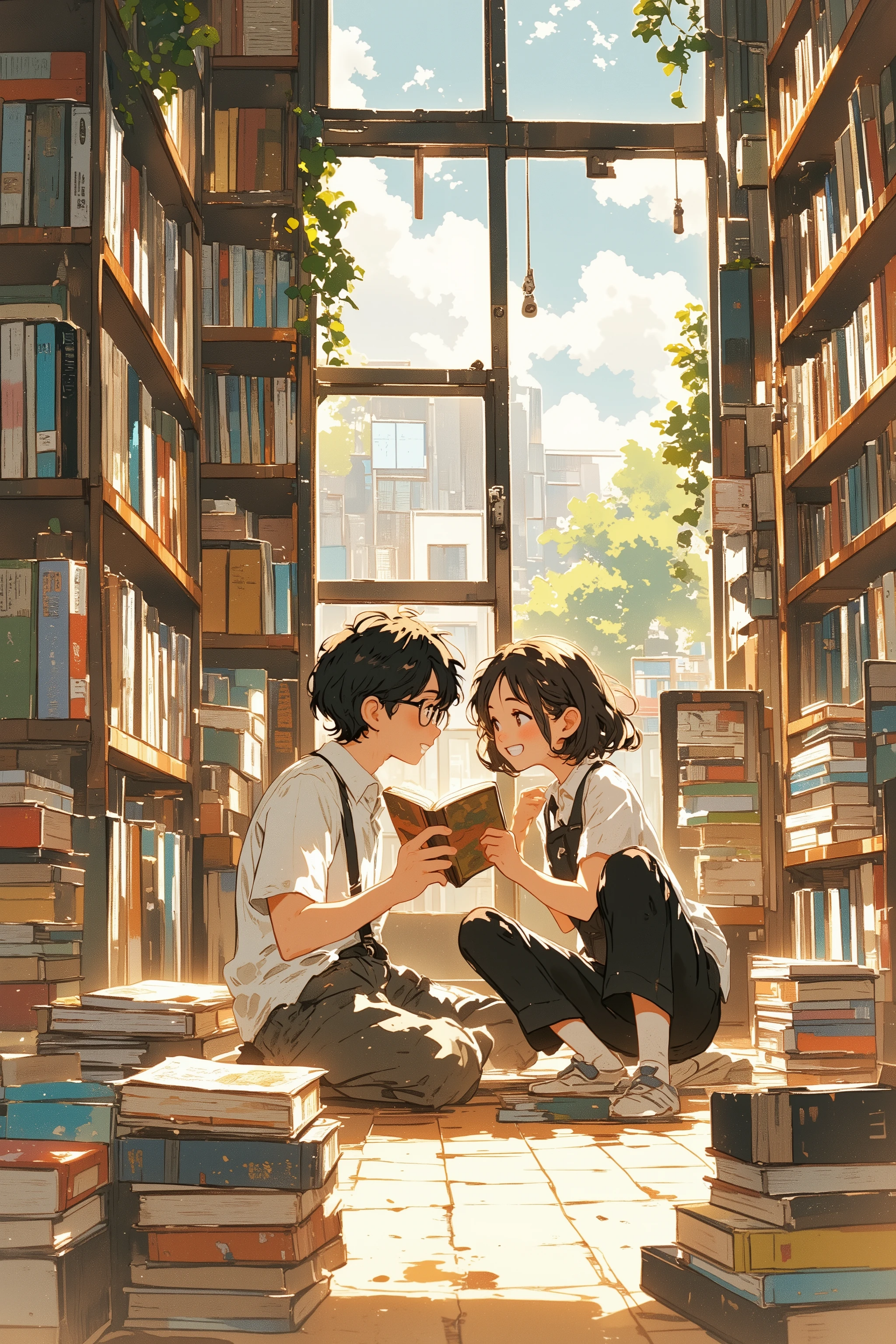 a high school boy with glasses sitting on the floor in a cozy secondhand bookstore, reading a book with focused eyes,
beside him, a high school girl with short hair and a boyish style leans in teasingly, holding a book playfully in front of his face with a mischievous smile,
the boy looks up, slightly flustered, his cheeks lightly blushing, while the girl grins with confidence,
they are surrounded by tall wooden bookshelves and scattered old books, soft afternoon light from a cloudy sky filters through the window,
illustrated in a picture book style with thick lineart, soft watercolor textures, gentle color bleeding, and a warm paper texture, lighthearted and emotional atmosphere, illustration style